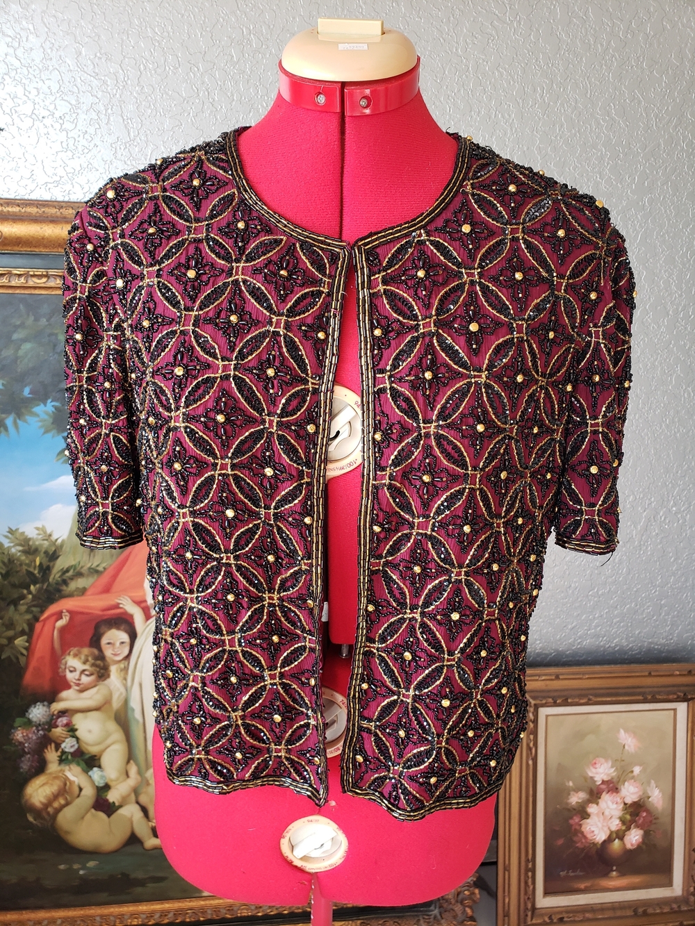 Stenay Burgundy Beaded Short-Sleeve Cropped Blazer